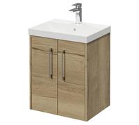 Horizon Wall Mounted Vanity Unit with 1 Tap Hole Slim Edge Basin and 2 Doors with Polished Chrome Handles | Autumn Oak | MDF | 500mm
