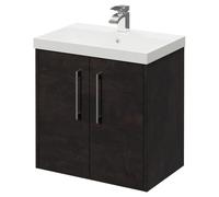 Horizon Wall Mounted Vanity Unit with 1 Tap Hole Slim Edge Basin and 2 Doors with Polished Chrome Handles | Metallic Slate | MDF | 600mm