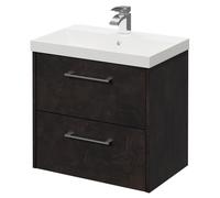 Horizon Wall Mounted Vanity Unit with 1 Tap Hole Slim Edge Basin and 2 Drawers with Polished Chrome Handles | Metallic Slate | MDF | 600mm