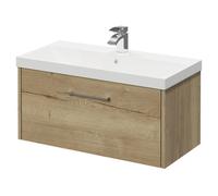 Horizon Wall Mounted Vanity Unit with 1 Tap Hole Slim Edge Basin and Single Drawer with Polished Chrome Handle | Autumn Oak | MDF | 800mm