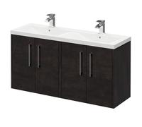 Horizon Wall Mounted Vanity Unit with Ceramic Double Basin and 4 Doors with Polished Chrome Handles | Metallic Slate | MDF | 1200mm