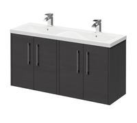 Horizon Wall Mounted Vanity Unit with Ceramic Double Basin and 4 Doors with Polished Chrome Handles | Graphite Grey | MDF | 1200mm