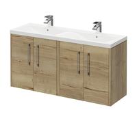 Horizon Wall Mounted Vanity Unit with Ceramic Double Basin and 4 Doors with Polished Chrome Handles | Autumn Oak | MDF | 1200mm