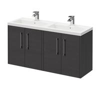 Horizon Wall Mounted Vanity Unit with Polymarble Double Basin and 4 Doors with Polished Chrome Handles | Graphite Grey | MDF | 1200mm
