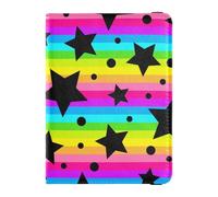 Horizontal Strips Colorful Stars Black Leather passport holder for travel women for travel Travel Documents Organizer Protector Badge ID Vaccine Card Holder Wallet for men Waterproof, horizontal