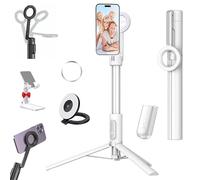 Horizum Magnetic Phone Tripod, Portable Travel Extendable Selfie Stick with Wireless Remote, 360° Rotation Bluetooth Vacuum Suction Tripods for Content Creator Video Recording Vlogging(White+Light)