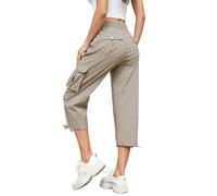 Hormtaer Women Cropped Trousers Cargo Summer Capri Joggers Ladies Pants 3/4 Length Sweatpants Outdoor Casual Hiking Trousers with 6 Pockets (Khaki, XXL)