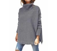 Hormtaer Women's Turtleneck Jumpers Casual Ladies Jumper Sweaters Long Sleeve Tops Sport Pullover Loose Chunky Knitted Cowl Neck Knitwear (Grey, L)