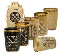 Horn Cups Set of 6 | Viking Shot Glasses Handcrafted from Real Ox Horn - 3.2 oz Norse Engraved Drinking Cups for Whiskey, Mead, or Bar Decor - Includes Gift Pouch for Rustic Display