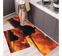 Horned Armor Kitchen Rugs Non Skid Washable Mats Set of 2 PCS, Anime Style Absorbent Runner Rugs for Kitchen, Front of Sink,Sink Laundry, 50x80cm+50x150cm Orange