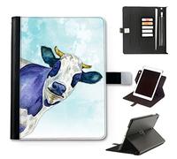 Horned Cow Case For Apple iPad Models 10, 9, 8, 7, 6, Air 11, Pro 12.9,13 inch, Mini, Watercolour Art Print leather iPad Case, side flip wallet case, 360 swivel folio cover