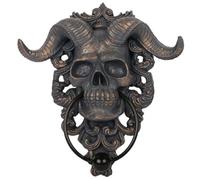 Horned God Skull Knocker Cast Iron Finish,Hanging Door Knocker with Built in Striker Plate Wall Decor Plaque with Lace Filigree