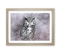 Horned Owl In Pink & Lilac In Abstract Modern Art Framed Print | A4 Oak Framed Wall Art | Ready to Hang | Abstract Floral Picture | Living Room Bedroom Lounge Office