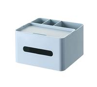 HornTide 5-in-1 Tissue Box 20cm Multifunction Countertop Organizer 3x Compartments 1x Tray Boutique Stationery Storage Caddy HIPS Plastic (Blue)