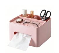 HornTide 5-in-1 Tissue Box Holder with Storage Caddy, 20cm Plastic Multifunction Countertop Organizer, 3X Compartments 1x Top Tray, Ideal for Office, Home, Vanity, Makeup & Stationery (Pink)
