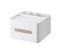 HornTide 5-in-1 Tissue Box Holder with Storage Caddy, 20cm Plastic Multifunction Countertop Organizer, 3X Compartments 1x Top Tray, Ideal for Office, Home, Vanity, Makeup & Stationery (White)