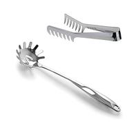 HornTide Stainless Steel Pasta Server Set, 1x 8-inch Serving Tongs & 1x 12-inch Spaghetti Claw, Teethed Ends Design Kitchen Tools