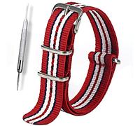 Horo Techne NATO Wrist Watch Straps with Military-Grade Nylon, Durable Stainless Steel Buckle, and Multiple Size and style bands 18mm, 20mm, 22mm, and 24mm (Red with blue white and red stripe, 22mm)