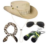 Horolam 4 PCS Safari Costume Accessories Set, Safari Hat Explorer Zoo Keeper Costume with Leopard Print Scarf Green Binoculars for Women Dress Up