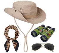 Horolam 4 PCS Safari Costume Accessories Set, Safari Hat Explorer Zoo Keeper Costume with Leopard Print Scarf Green Binoculars for Women World Book Day Dress Up (Brown Leopard)