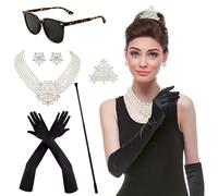 Horolam 6PCS Holly Golightly Accessories, 60s Retro Accessories for Women Pearl Necklace Earrings Holder Gloves Sunglasses