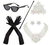 Horolam 6PCS Holly Golightly Accessories, 60s Retro Accessories for Women Pearl Necklace Earrings Holder Gloves Sunglasses