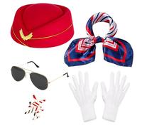 Horolam Flight Attendant Costume Accessories, Stewardess Costume Hat Scarf Pin Sunglasses Gloves for Woman Halloween Cosplay