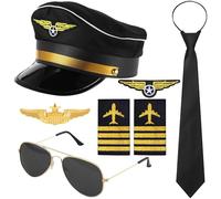 Horolam Pilot Captain Costume Accessories, Pilot Costume Kit with Pilot Captain Hat Pin Tie Badge Shoulder Straps Sunglasses for Adults Men for Party Dress up
