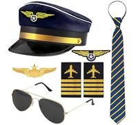 Horolam Pilot Captain Costume Accessories, Pilot Costume Kit with Pilot Captain Hat Pin Tie Badge Shoulder Straps Sunglasses for Adults Men for Party Dress up