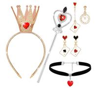 Horolam Red Heart Queen Costume Accessories, Gold Queen Crown Headband with Wand Choker Necklace Earrings for World Book Day