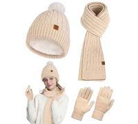 Horolam Winter Hat Scarf Gloves Set, Warm Knit Beanie Hat with Pom Pom Touch Screen Gloves for Women for Christmas Cold Weather Gifts