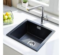 HOROW 13mm Thick Black Granite Composite Kitchen Sink 45x50x20cm - 80% Quartz Ore Stone Basin - Scratch Resistant & Self-Healing - Topmount, Undermount or Flushmount - Includes Full Waste Kit