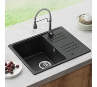 HOROW Granite 1.0 Single Bowl Reversible Kitchen Sink 57x45 cm - Scratch - Resistant, Stain - Proof, Self - Healing, Grooved Design, with Drain Fittings & Overflow (Classic, Black)