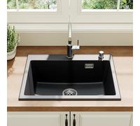 HOROW Granite Single Bowl Reversible Black Kitchen Sink 60x45 cm,Push-to-Drain/Store Water, No Extra Drain Plug Needed, Scratch-Resistant, Stain-Proof, Self-Healing,with Drain Fittings & Overflow