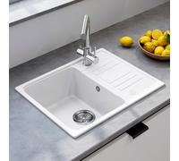 HOROW Quartz Single Bowl Kitchen Sink 57x45 cm, White with Push-to-Drain/Store Water, Scratch-Resistant, Stain-Proof & Self-Healing Surface, Includes Drain Fittings & Overflow
