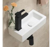 HOROW Small Bathroom Sink | 37x18cm Cloakroom Sink, Rectangular Wall Hung or Countertop Mini Ceramic Basin with One Left Tap Hole (37 * 18 * 9cmL)