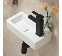 HOROW Small Bathroom Sink Cloakroom Basin 37x18 cm,Ceramic Wall Hung Mount Basin Countertop, Rectangular (Right Tap)