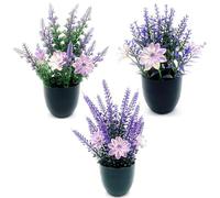 HORREX 3 Pcs Artificial Lavender in Potted, Plastic Fake Plants 18-21 CM | Decorative Artificial Flowers, Mini Artificial Potted Plants Indoor and Outdoor for Home, Kitchen Office Table Centerpieces