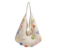 HORREX Boho Style Women's Beach Bag, Crochet Handbag with Colourful Beads, Tote Bag, Woven Beach Bag, Shopper Jute Bag for Storage, Important Such as Purses, Sunglasses, off white