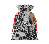 (Horrible Dark Skulls Flowers Pattern) Christmas Burlap Gift Bags, Eco-Friendly Polyester Drawstring Pouches For Holiday, Birthday & Party Gift Packaging S