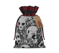 (Horrible Dark Skulls Flowers Pattern) Christmas Drawstring Gift Bags, Reusable Buffalo Plaid Drawstring Wrapping Bags For Xmas Party Supplies S