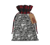 Horrible Dark Skulls Flowers Pattern Printing Color Matching Plaid Drawstring Christmas Bag With Kraft Tag 4.7x6.9 In For Halloween