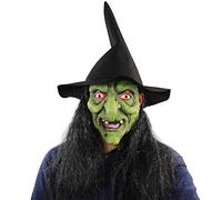Horrible Halloween Green Witch Latex Wizard Head Cover with Hoodie Hat and Long Wig Hair Horror Old Witch Veil Devil Ghost Accessories Cosplay Costume Halloween Party Supplies for Adults