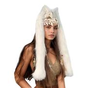 Horrific Werewolf Skull Mask with Faux Fur Ear, Men Women Horror Cosplay Halloween Mardi Gras Fox Wolf Animal Demon Evil Costume Half Face Mask Skeleton Headwear Party Decoration Prop Supplies