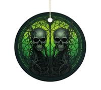 Horrifying Green Skull Double-Sided Ceramic Christmas Ornaments - Round Hanging Mini Xmas Tree Decorations, Ideas for Farmers, Rustic Home Decor for Indoor Outdoor Tree Decor