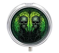 Horrifying Green Skull Pill Box 3 Compartment Waterproof Pill Case with Mirror Portable for Purse Pocket Daily Medicine Vitamin Organizer Travel Med Container Holder for Fish Oil Supplements