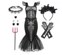 Horro Mermaid Skeleton Costume for Littler Girls Halloween Gothic Princess Trumpet Dress Black Ariel Siren Cosplay Apparel Frock WIG