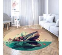 Horror and Grotesque Style Round Rugs 150cm Shark Island on the Sea Non-Slip Washable Soft Low Pile Circular Carpet for Home Office Entrance
