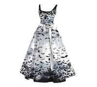 Horror Bridal Costume Women's Halloween Dress Women's Black Sleeveless Scary Print Zombie Wedding Dresses Bat Spaghetti Straps Elegant Cocktail Dress Swing Dresses for Halloween and Carnival