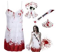 Horror Bride Costume 4-Piece Set, Zombie Costume Women's Sexy, Corpse Bride Costumes with Crown Bouquet Bow, Halloween Ghost Bride Costumes, Bloody Prom Queen, Halloween Costumes Wedding
